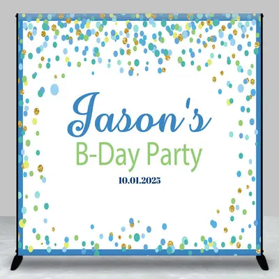 Blue Border Dots White Custom Name Birthday Backdrop