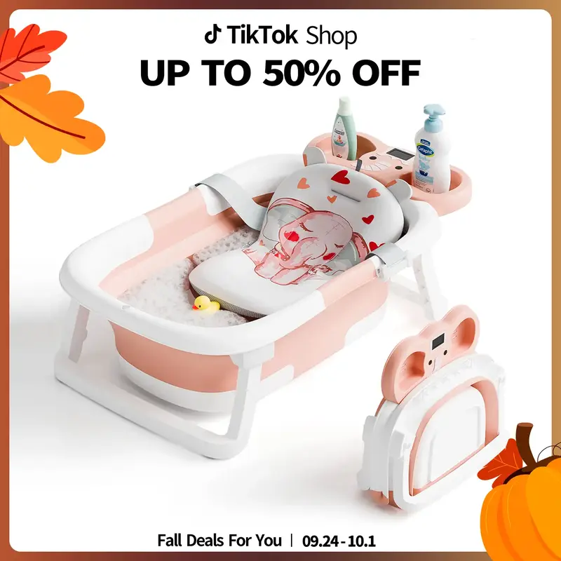 Collapsible Baby Bathtub with Real-time Temp Monitor + Floating Cushion, Foldable Baby Bath Tub Set - Perfect Portable Travel...