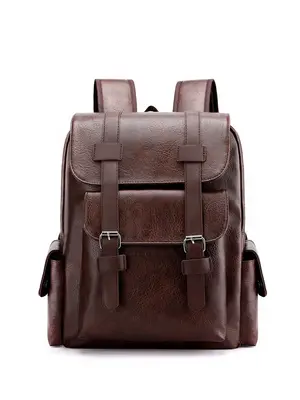 Solid Color Pu Leather Backpack, Fashionable Large Capacity Computer Bag for Men & Women, Casual Trendy Versatile High-qualit...