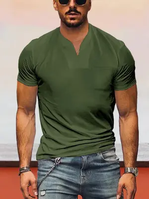 Loose Fit V-neck Short Sleeves T-shirt, Army Green / S