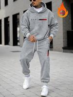 Two-piece Set Men's Letter Print Drop Shoulder Thermal Lined Hoodie & Drawstring Waist Sweatpants, Casual Fashion Cozy Breath...
