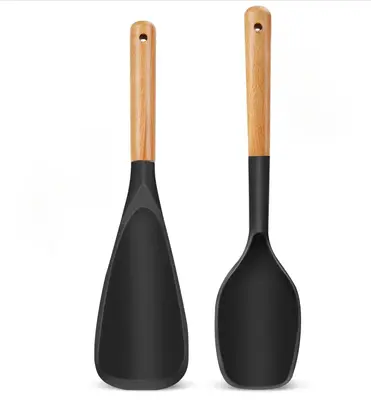 Cooking Spoon for Nonstick Cookingwares, Silicone Spoon Spoon for Mixing, Scoop, and Scrape, (Black-2 pack)