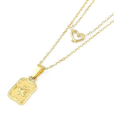 Ion Plating(IP) 304 Stainless Steel Double Layer Heart & Butterfly Pendant Necklaces for Women