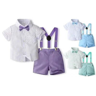 Canrulo Toddler Baby Boy Gentleman Outfit Short Sleeves Shirt with Bow Tie and Suspender Shorts Set Formal Clothes