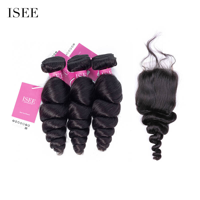 ISEE HAIR Loose Wave Bundles with Closure Deal 10A Grade 100% Human Virgin Hair