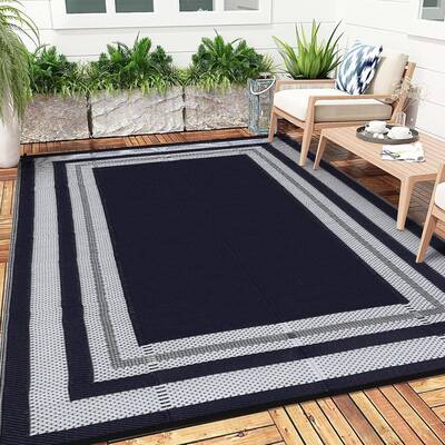 Garvee Outdoor Black-Blue 8x10 Plastic Straw Rug, Waterproof Rug for Patio Reversible Plastic Camping Rugs Straw Patio Rug fo...