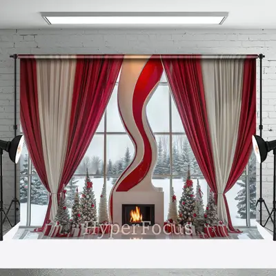 Red White Curtain Fireplace Window Christmas Backdrop - Aperturee