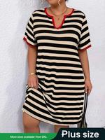 【Plus Size】 Striped Print Notched Neck Dress, Casual Short Sleeve Dress for Summer, Women's Curvy Clothing for Daily Wea...