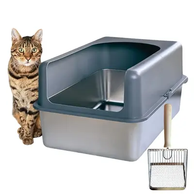 XL Stainless Steel Cat Litter Box Enclosure with High Sided Tall Hooded Lid for Odor Control Anti Leakage Rust Free Suitable ...