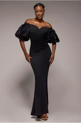 Goddiva Off The Shoulder 3D Puffed Sleeve Sweetheart Maxi Dress - Black