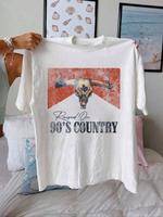 Women's Vintage Bull Head Print Round Neck Tee, Casual Short Sleeve Crew Neck T-shirt for Daily Wear, Ladies Clothes for All ...