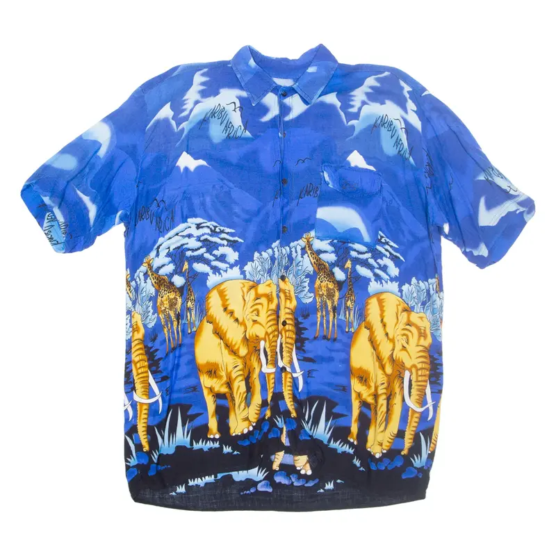 Karibu Africa Safari Mens Shirt Blue Crazy Pattern L