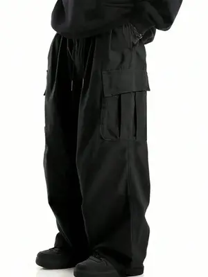 Men's Solid Drawstring Waist Cargo Pants, Casual Comfy Pocket Trousers for Daily Wear, Men's Bottoms for All Seasons
