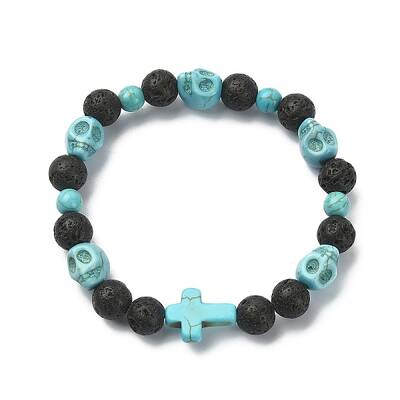 Dyed Natural & Synthetic Mixed Gemstone Skull & Cross Beaded Stretch Bracelets