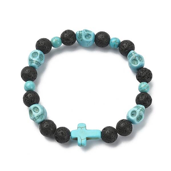 Dyed Natural & Synthetic Mixed Gemstone Skull & Cross Beaded Stretch Bracelets