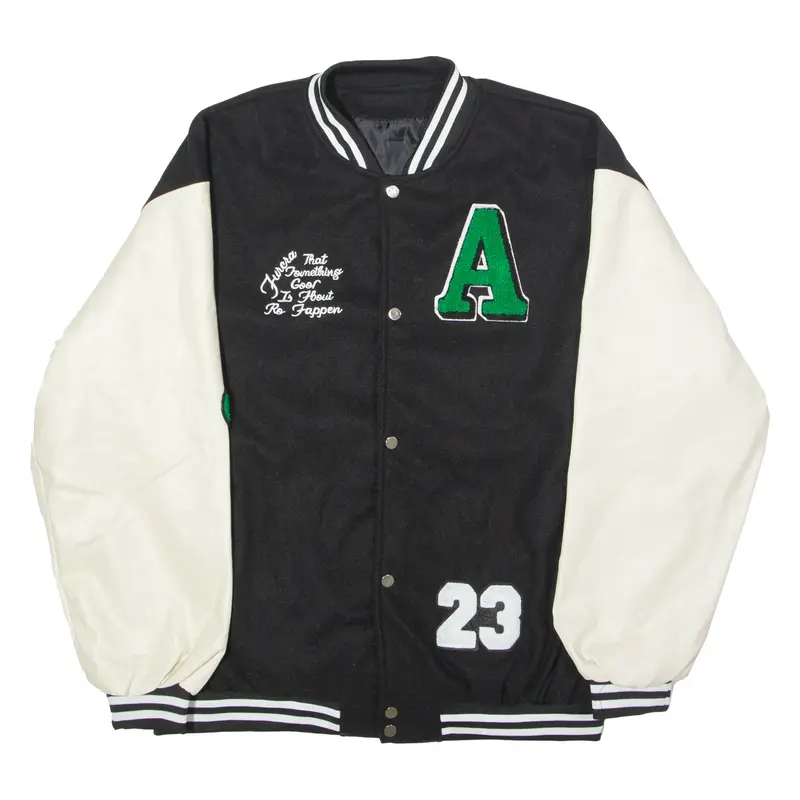 Mens Varsity Jacket Black Faux Leather Colourblock M