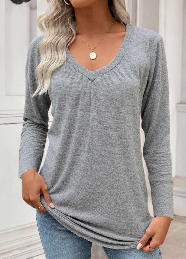 Modlily Grey Tummy Coverage Long Sleeve V Neck T Shirt - L