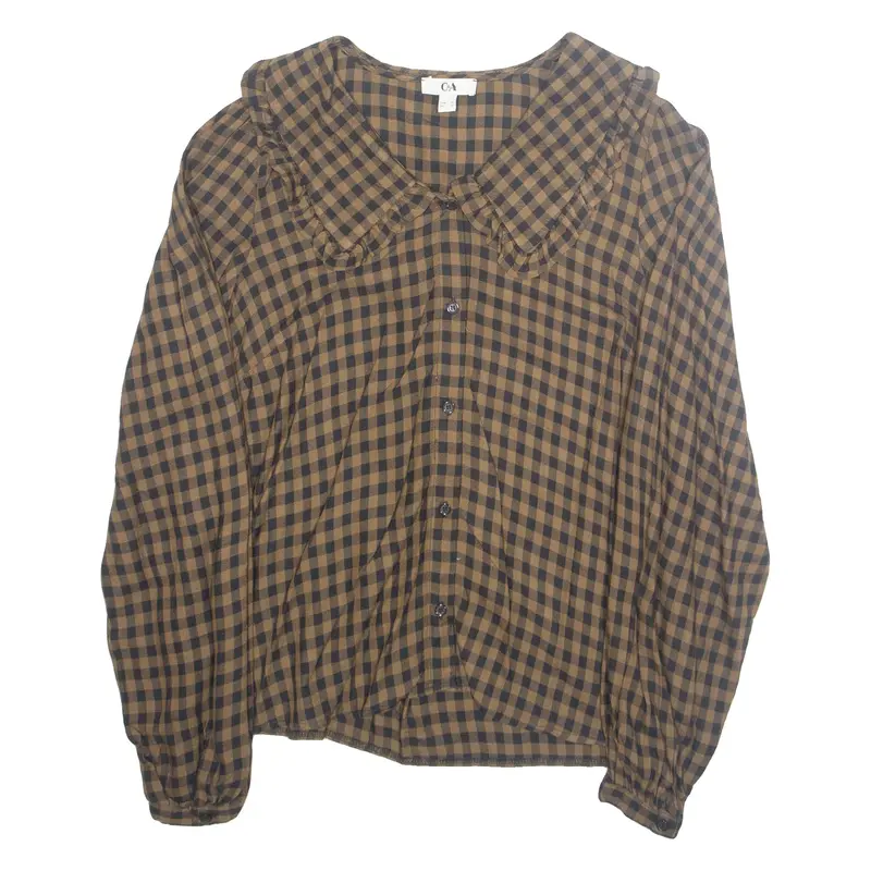 C&A Womens Printed Blouse Brown Collared Long Sleeve Check M