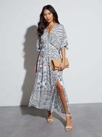 Women's All Over Print Batwing Sleeve Split Thigh Dress, Boho Casual V Neck Half Sleeve Long Dress for Beach Holiday Vacation...