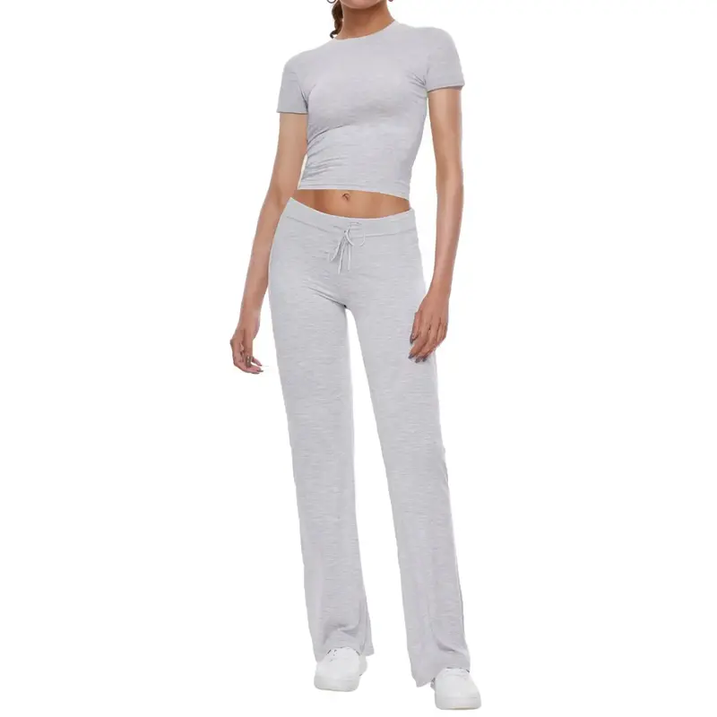 AnotherChill Women's 2 Piece Lounge Sets Straight Leg Pants Set Short Sleeve Crop T-shirt Casual Outfits Comfy Loungewear