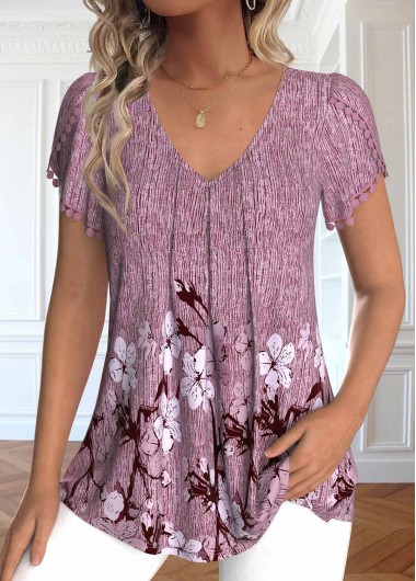Modlily Dark Reddish Purple Embroidery Floral Print T Shirt - XL
