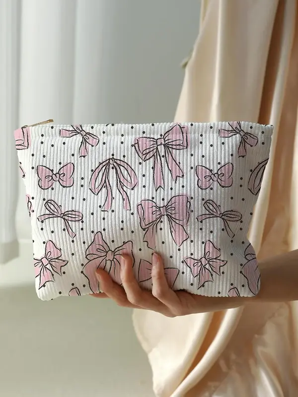 Cute Bowknot & Polka Dot Pattern Makeup Bag, Lightweight Multifunctional Cosmetic Storage Bag, Casual Versatile Zipper Cordur...