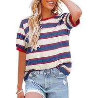 Encolax Tops for Women Striped Fashion T Shirts for Women Color Block Crewneck Design Loose Basic Tee