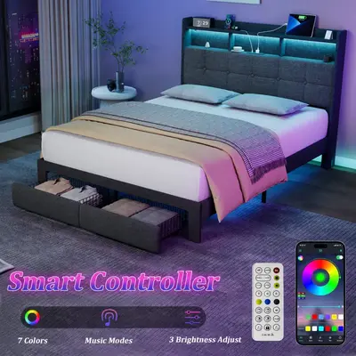 Queen Size Platform Bed Frame with LED Lights and Charging Station, Upholstered Queen Bed with Storage Headboard & Drawers, H...
