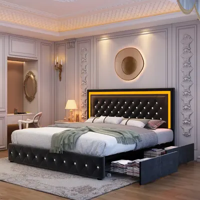 Queen Upholstered Platform Bed Frame with Adjustable Headboard, Diamond Tufted, Wooden Slats Support, No Box Spring Needed, E...