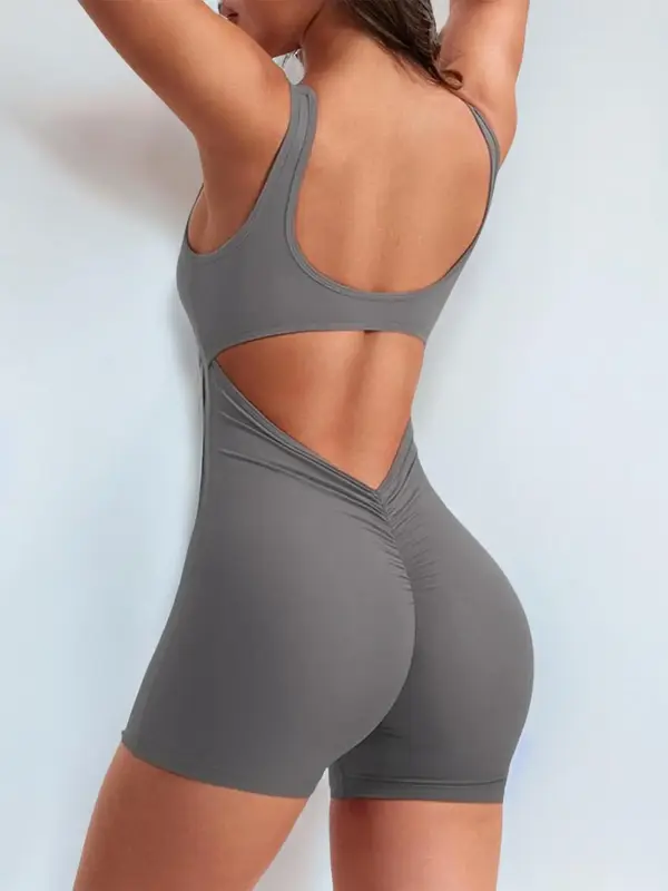 Women's Solid Cut Out Ruched Sports Romper, Summer Outfits 2024, Casual Sporty Sleeveless Sports Romper for Summer, Ladies Sp...