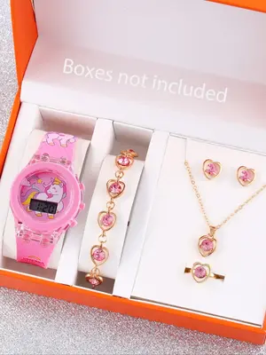 Cute Cartoon Unicorn Design Watch & Jewelry Set, Including Watch & Necklace & Bracelet & Ring & Earrings, Fashion Accessories...
