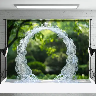 White Lace Arch Bokeh Spring Forest Wedding Backdrop