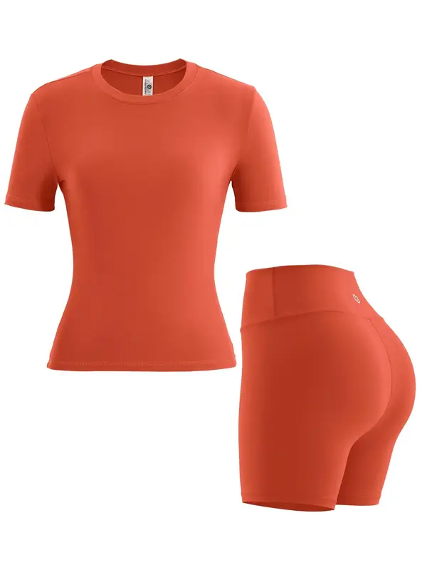 Two-Piece Set Women's Graphic Round Neck Tee & High Waist Shorts Tracksuit Set, Sporty Crew Neck Short Sleeve T-shirt & Wide ...