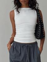 Women's Plain Ruched Tank Top, Casual Sleeveless Top for Daily Wear, Curvy Ladies Clothes for All Seasons, Boat Neck Top, Ves...