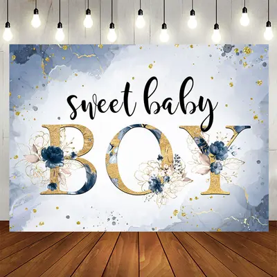 Aperturee Sweet Baby Boy Marble Floral Blue Baby Shower Backdrop