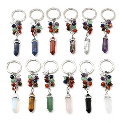 Natural & Synthesis Gemstone Beads with Alloy and Iron Rings Keychains