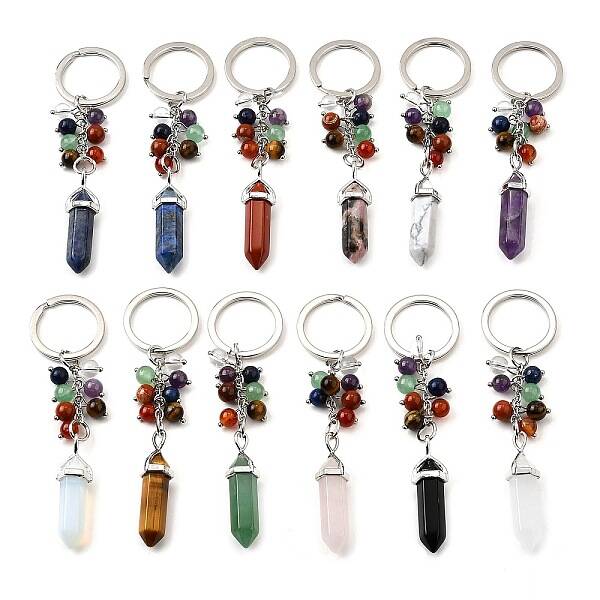 Natural & Synthesis Gemstone Beads with Alloy and Iron Rings Keychains