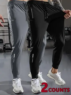 Men's Solid Pocket Drawstring Stretchable Jogger Pants, Zipper Pants for Outdoor Gym Workout Running, Pants for Men, Mens Bot...