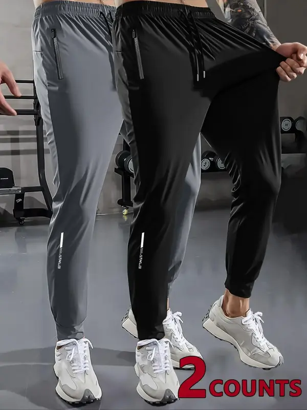 Men's Solid Pocket Drawstring Stretchable Jogger Pants, Zipper Pants for Outdoor Gym Workout Running, Pants for Men, Mens Bot...
