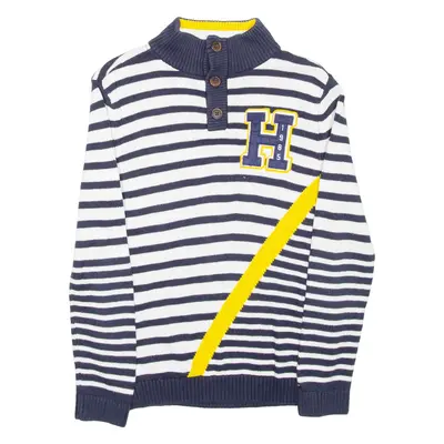 TOMMY HILFIGER Boys Patterned Jumper Blue Striped Button Neck Tight Knit M