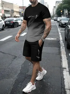Two Counts Men's Ombre Letter Print Short Sleeve Tee & Plain Drawstring Waist Shorts Set, Regular Fit Casual Round Neck T-sh...