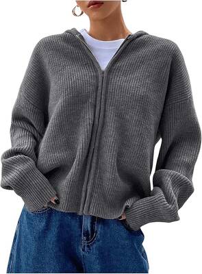Women's Zip Up Hooded Cardigan Sweater Knitted Drop Shoulder Fall Hoodies Outerwear