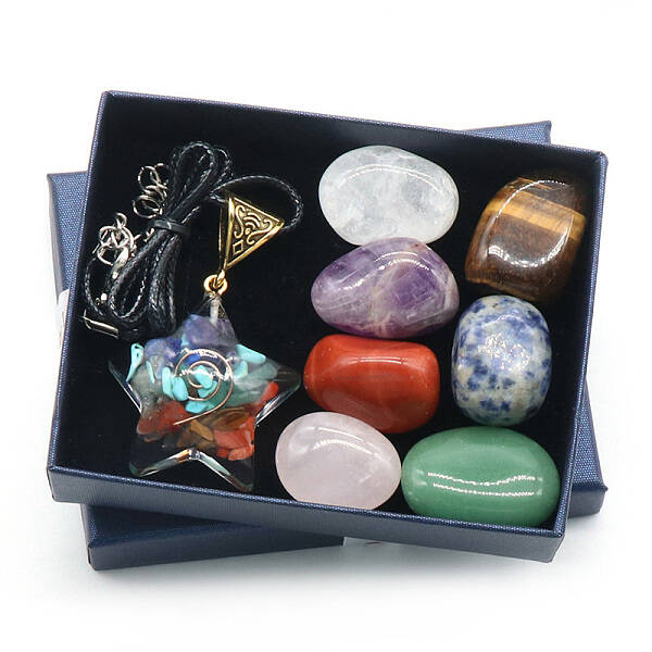 7 Chakra Tumbled Stone & Star Pendant Necklace Mixed Natural Gemstone Healing Stones Set