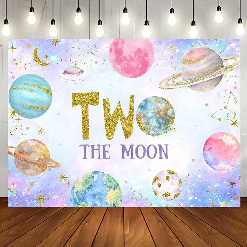 Colorful Planet Gold Glitter 2nd Birthday Backdrop - Aperturee