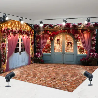 Aperturee Retro Door Curtain Lighted Floral Room Set Backdrop, 7X7FT(Left Wall)+10X7FT(Right Wall)+10X7FT(Floor), 247.5 USD, ...