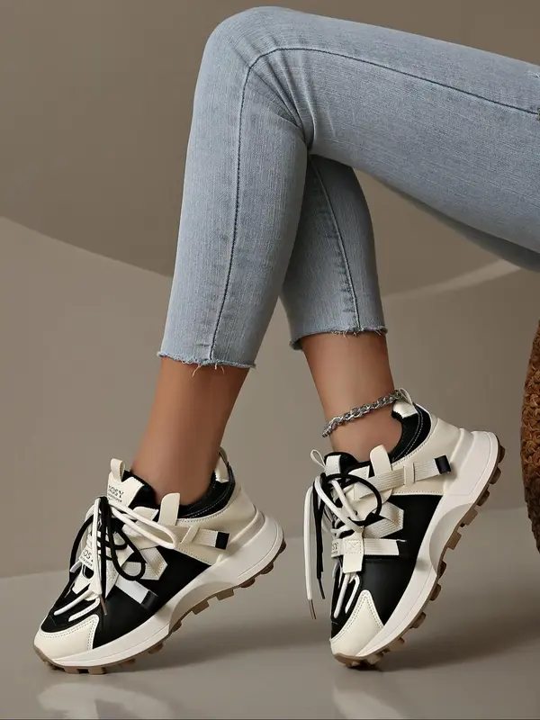 Women's Fashionable Lace Up Platform Sneakers, Girl Casual Comfortable Breathable Sports Shoes, Trendy All-match Round Toe Ch...
