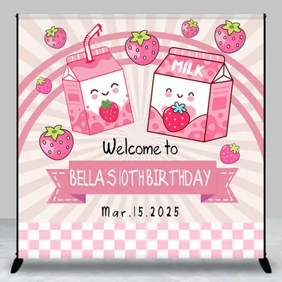 Pink Strawberry Milk Customized Birthday Backdrop - Aperturee