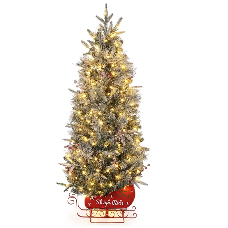 Garvee 4.5ft Pre-Lit Christmas Tree, Snow Flocked Christmas Tree with 200 Led Lights, 8 Lighting Modes, Sleigh Ride Base, Art...
