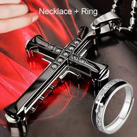 2 Pcs Titanium Steel Cross Pendant Necklace + Ring - Sparkling Zirconia, Classic Jewelry, Perfect Holiday Gift for Men, Durab...