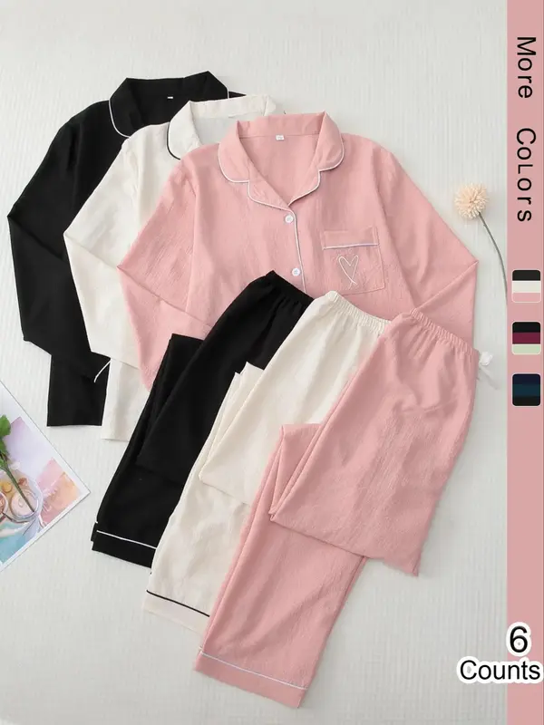 Women's Heart Embroidered Comfy Loungewear Pjs Lounge Co-ord Set, Casual Pajamas Set